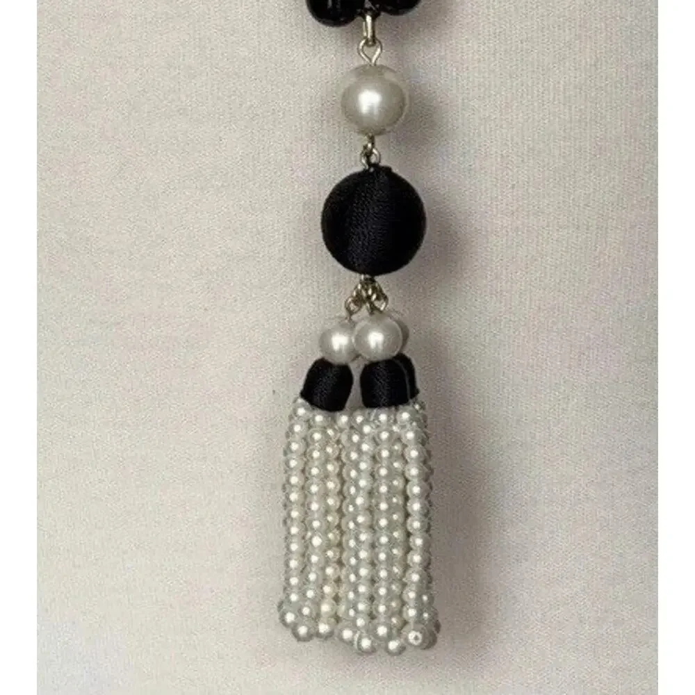 Amy Taylor Black Beaded Tassel Necklace Faux Pearl Statement Jewelry